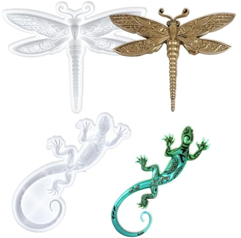 LELE LIFE Lot de 2 moules en résine de silicone en forme de libellule et de lézard, grands moules en résine époxy 3D pour décoration murale, décoration de bureau, décoration de gâteau au chocolat