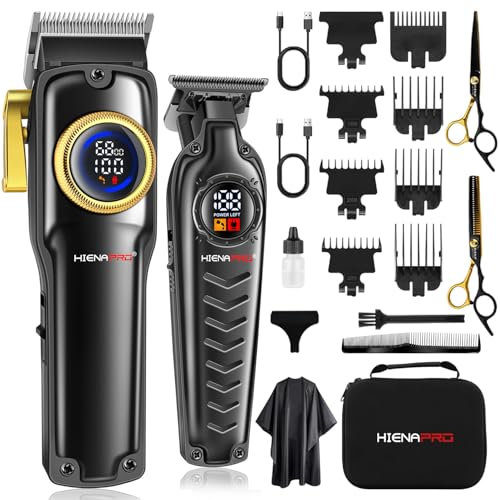 HIENA PRO Profi Barber Haarschneidemaschine Set für Herren, Kabellos Elektrisch Haarschneider Kit, USB Wiederaufladbare Friseur Haarschneide Maschine Set mit LED-Anzeige
