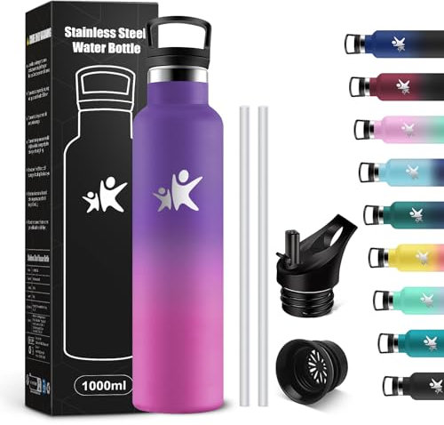 KollyKolla Gourde Isotherme 1L, Bouteille Isotherme Acier Inoxydable, Bouteille d'eau Étanche, sans BPA, Gourde Inox avec Paille, Réutilisable, Gourde pour Fitness, Randonnée, Camping, Cyclisme