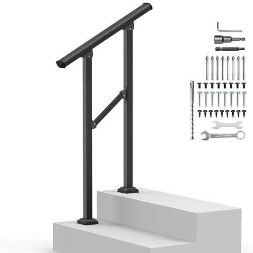 Outdoor Handrails for 1-2 Steps, Stair Railing Kit for Concrete & Porch Steps, Adjustable Black Iron Hand Rail for Seniors, Easy Installation, Retro Arch Design
