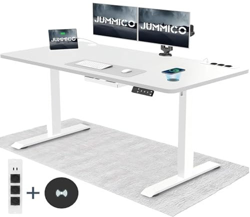 JUMMICO Höhenverstellbarer Schreibtisch mit Kabelloser Ladestation und Euro-Steckdose mit USB, Schreibtisch Höhenverstellbar Elektrisch Stehtisch, Standing Desk (Weiß 160x80cm)