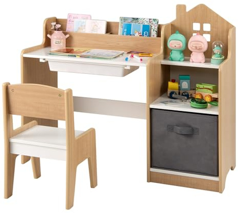 DREAMADE Schreibtisch Kinder mit Stuhl, Schülerschreibtisch mit 2 offenen Fächern & 2 offenen Regale & Schubladen, Kinderschreibtisch für Jungen und Mädchen ab 3 Jahren (Natur)