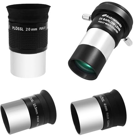 Astromania Telescope Accessory Kit with 1.25 Inch Telescope Eyepiece Set 4mm 12.5mm 20mm 52 Degree Super Plossl Eyepiece Lens and 1.25 Inch 2X Barlow Lens with T Thread Fully Multi Coated Metal