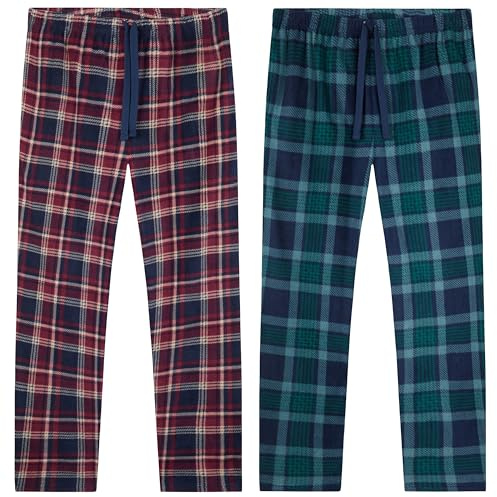 Get Trend Pyjama Trousers for Men & Teens, Pack of 2 PJ Pants, Loungewear & Nightwear, Checked Design Bottoms, Gifts for Men (L, Green/Red, 2)