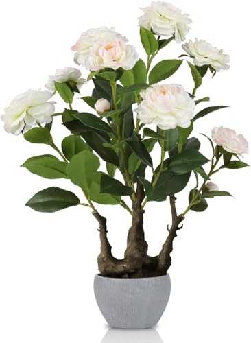 HPNIUB Artificial Camellia Potted Plant with Stone Pot, Tall Fake Potted Flowers Faux Plants Desk Plant, Realistic Decorative Plants Indoor Decor for for Home Bedroom Bathroom Office Desk 40x36x52cm