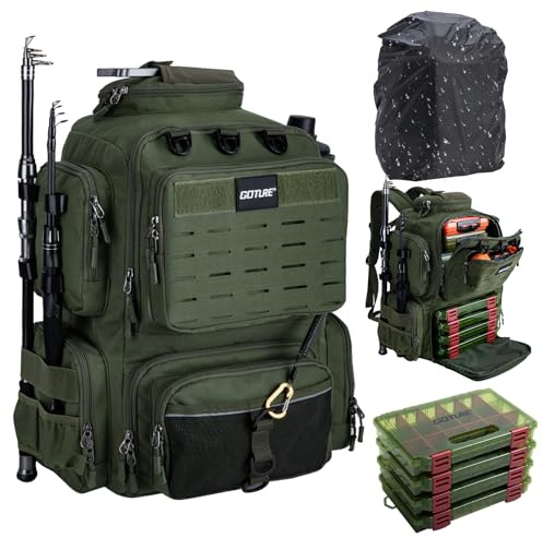 Goture Angelrucksack 45L mit 4 Köderboxen, Zwei Rutenhaltern, Regenschutz