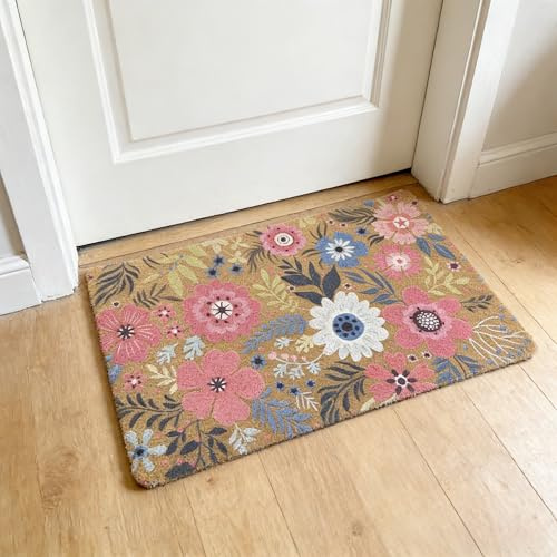 Door Mat Indoor Outdoor Entrance, 40x60 cm Faux Coir Front Door Mats with Thick Bristles, Decorative Colorful Spring Flower Doormat Inside, Non Slip Backing Outside Welcome Rug for Door Decor