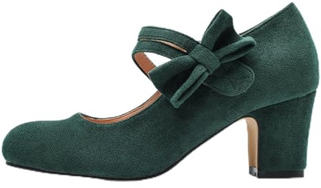 Mary Jane - Zapatos de tacón para mujer, tacones retro, zapatos de tacón retro, zapatos de ante sintético, zapatos de punta redonda, zapatos de tirolesa para oficina, cómodos zapatos de boda, Verde