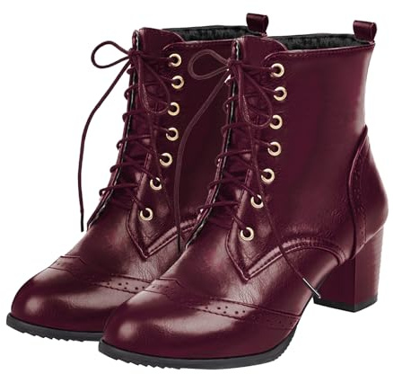 UniqueStride Women's Brogue Ankle Boots Lace Up Ankle Bootie with Chunky Block Heel Round Toe Shoes (Burgundy,US size 13)