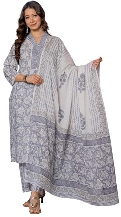HAIVN Women’s Cotton Straight Kurta Pant with Malmal Dupatta | Grey & White Rose Traditional Floral Handblock Print Ethnic Suit Set, X-Large