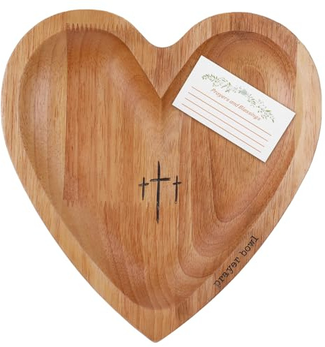 Heart Prayer Bowl with 24 Prayer Cards, Large Heart Shaped Wooden Dough Bowl for Christian Home Decor, Religious Gift for Woman, Handcrafted Christian Gifts for Church, Wedding, Mother's Day