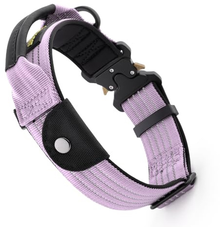 Plutus taktiskt hundhalsband för husdjur med spårficka för AirTag, justerbar reflekterande nylonkrage, metallspänne, läderinslaget handtag, mjukt vadderat för medelstora hundar (vinröd röd, S)