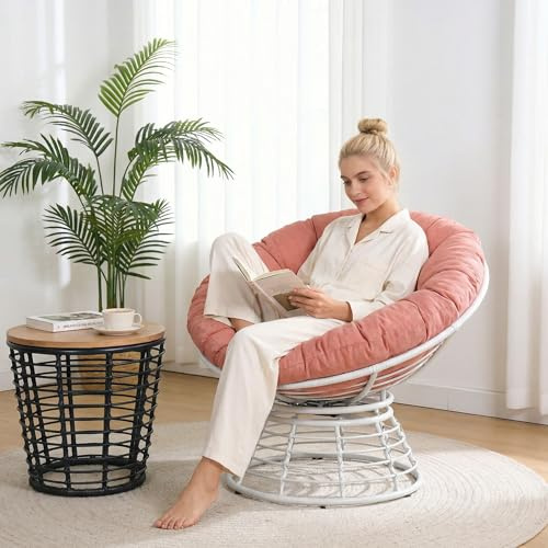 Jadoxy 43 Ergonomic 360° Swivel Papasan Chair, Wicker Round Chair with Thick Cushion, Lounge Chair for Living Room, Bedroom, Reading Nook, Indoor Outdoor Use, Orange Cloud & White Frame