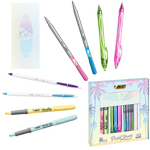 BIC Schreibwaren Set: 4 Kugelschreiber, 4 Fineliner pastell, 3 Tintenroller, 1 Notizblock & 4 Pastell Marker, Pastel Dream
