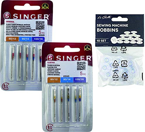 Singer Pack de 2 Paquetes de Agujas Universales para coser Algodón y Tejidos de punto, elásticos y lycra 2020, y 2045 Sistema 130/705 H (Plano de un Lado) HAx1 y H-S + Canillas de Plástico
