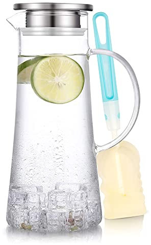 SUSTEAS 1.5 Litre Glass Jug with Lid, Easy Clean Water Carafe, Heat Resistant Borosilicate Jug for Homemade Beverages, Iced Tea, 1 Long-Handled Brush Included