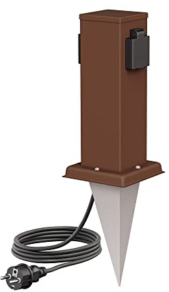 ledscom.de Colonne de Prises de Jardin Polly avec Piquet de Terre et 2m de câble pour l'extérieur, IP44, 2-Fois, Brun, rectangulaire, 27cm