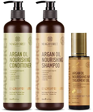 MagiForet Haarpflege Set mit ArganölShampoo 500ml + Conditioner 500ml + Haarserum 100ml, Anti Frizz, Sulfatfrei, Parabenfrei –pflegt Locken, krauses und farbbehandeltes Haarweich und geschmeidig