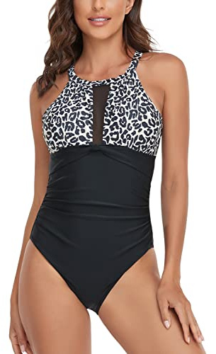 Tummy Control One Piece Swimsuit Vintage Swimming Costume Women Leopard,L