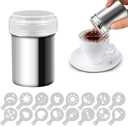 MingZhuInC Saupoudreuse, 1 Pièces Saupoudreuse Cacao, Shaker à Chocolat 16 Pièces Pochoirs à Café pour Chocolat Chaud Décoration De Pain