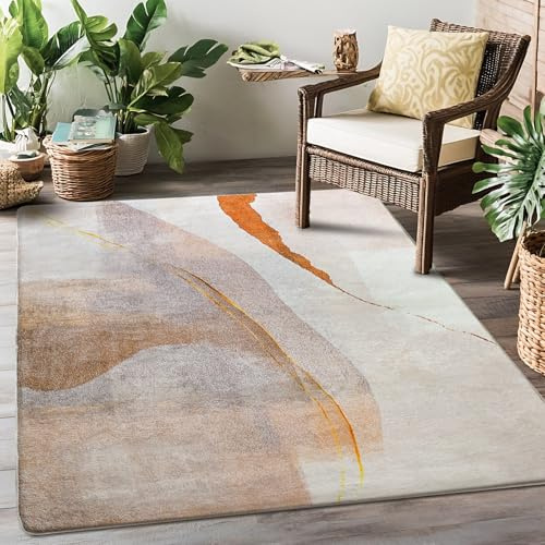 Cinknots Teppich Wohnzimmer Kurzflor Pflegeleicht,Anti-Rutsch Rückseite,Moderne Vielfarbiges Design,Passend für Wohnzimmer,Schlafzimmer,Braun/Gold,120 x 160 cm