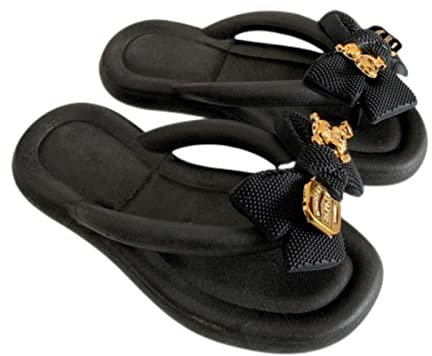 BUCROS Ladies Slippers Bowknot Womens Slippers Summer Indoor And Outdoor Flip Flops Beach Smooth Ladder Home Non-Slip Eva Slippers-Black,36-37(23-23.5Cm)