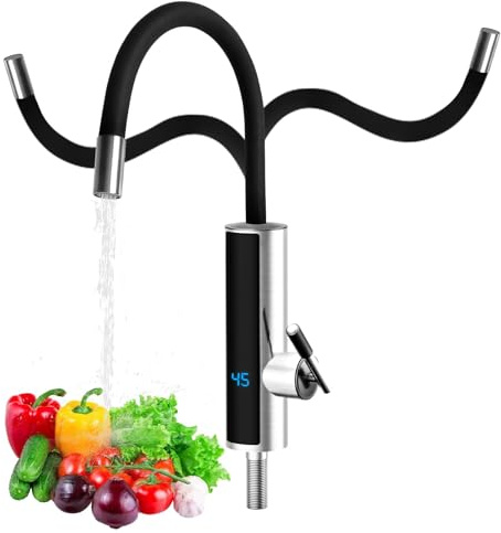 3000W Durchlauferhitzer Küchenarmatur, Elektrischer Heizhahn mit LCD-Temperaturanzeige, 360º drehbarer Schlauch Küchenarmatur, 304 Edelstahl Wasserhahn für Küche, Bad, Wohnwagen, Camping (Schwarz)