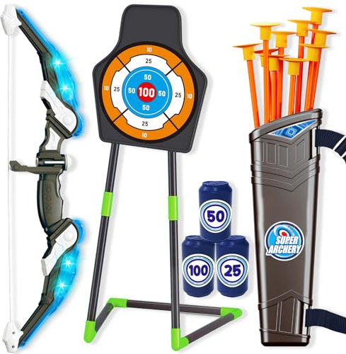 Doloowee Pfeil und Bogen Kinder, Bogenschießset 10 Pfeil 6 Flaschenziel, Kinder Bogen mit LED Lichtern, Outdoor-Spielzeug Schießspiele Spielzeug 4 5 6 7 8 9 Jahre alt Jungen Mädchen (Blau)