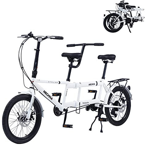 BIXUYOU Klappbares Tandemfahrrad, 20-Zoll-City-Tandem-Faltrad, verstellbares Tandem-Beach-Cruiser-Fahrrad, Faltrad mit 3 Sitzen für Erwachsene, 7 Geschwindigkeiten, CE/FCC (Weiß)