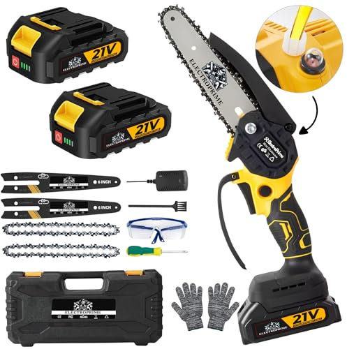 Mini Motosierra Bateria | 6000mAh 21V 2 Baterias | 6 Pulgadas 880W | Engrasador Automatico | Incluye 11 Accesorios | Sierra Electrica Portatil De Mano | Podadora Pequeña Inalambrica (Modelo mejorado)