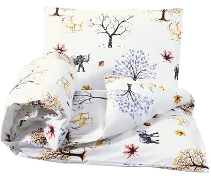 Hajran Linen 2 Pcs Baby Cot Duvet/Quilt Cover Set - 100% Pure Cotton | 1 Duvet/Quilt Cover (120 x 90 cm) & 1 Pillowcase (40 x 60 cm) | Breathable, Soft, Comfy, Anti-allergic (Trees and Animals)