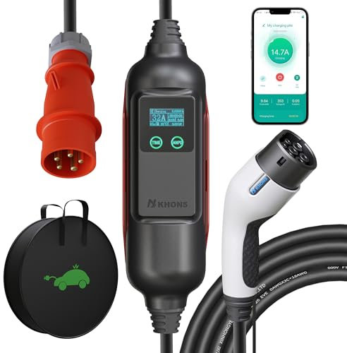 Youwoauto Wallbox 22KW 3-phasig 32A Typ 2 Ladekabel mit CEE Stecker, IP65 Mobile Wallbox Ladestation mit Einstellbarer Ladeleistung, APP-Steuerung Tragbare EV-Ladestation für IEC 62196-2 (5 Meter)