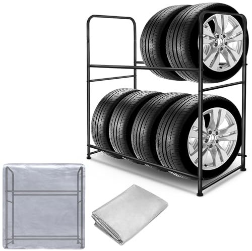 SUBTLETY Reifenregal mit 2 Ebenen für 8 Reifen Stahlkonstruktion Reifenständer 107x46x117cm Garagenregal Belastbar 180KG Felgenbaum mit Staubschutzhülle für Garage Garten Keller Werkstatt