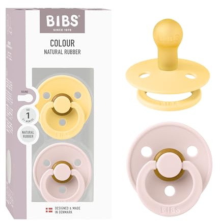 BIBS Colour Pacifier 2-Pack, BPA Free Dummy Binky, Round Nipple. Natural Rubber Latex, Made in Denmark, Size 1 (0-6 Months), Pale Butter/Petal