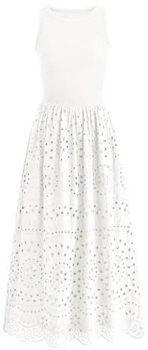 dowerme Women Summer Dresses 2026 Casual Sleeveless Crewneck A-Line Boho Lace Eyelet Cotton Tank Maxi Dress with Pockets(White,Medium)