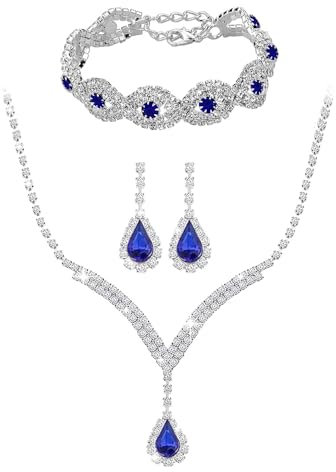 TTPSRY 3 Stück Schmuck Set Halskette Ohrhänger Armbänder mit Zirkonia Silberkette Kette mit Anhänger Damen Schmuckset Brautschmuck Hochwertiges Geschenk für Mädchen Frauen (Blau)