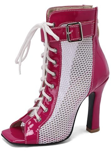 Lizoleor Sandales Femme Talon Carré Haut Peep Toe Bout Carré Boucle Été Mode Mesh Vernis Rose Taille 39 EU/40CN