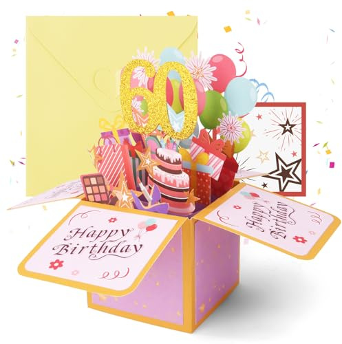 OFFCUP 60 Anni Biglietto Auguri Compleanno 3D Biglietti Auguri Regalo Divertente Pop Up Biglietti di Compleanno con Busta e Carta Biglietto di Auguri per Uomo Donna Famiglia Amica Festa