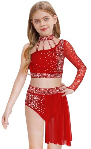 Linjinx Enfant Fille Justaucorps de Gymnastique Robe Danse Classique Lyrique Asymétrique Robe de Patinage Artistique Paillette et Jupe Tutu Costume Performance 5-16 Ans Bourgogne 11-12 ans