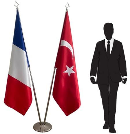 Drapeau France et Turquie avec mât et pied. Drapeaux pour bureau. Drapeaux sur hampes. Code CN3-FR-TR-L