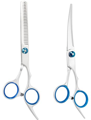 Dog Grooming Scissors Set with Safety Round Tips Stainless Steel Pet Grooming Kit Used for Dogs Cats Pets with Cutting Scissors, Thinning Shear (Blue, 2in1)