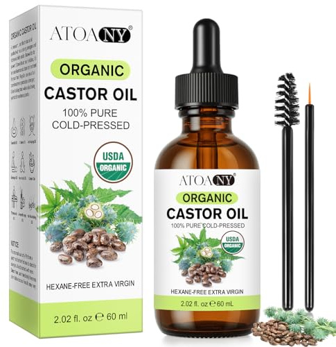Organic Castor Oil for Hair Growth 60ml, 100% Pure Cold Pressed Castor Oil for Eyelashes, Face & Body, Rich in Vitamin E & Omega-6 Fatty Acids, Lighten Fine Lines & Firm the Skin