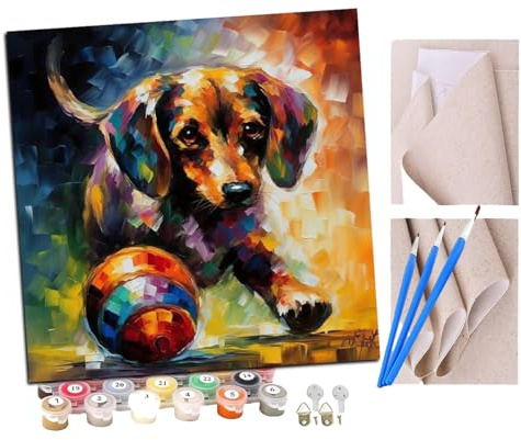 SENDJJ Peinture par Numero Adulte Teckel jouant avec une balle colorée (3) animal DIY Peinture à l'huile Numéros Toile Paint by Numbers Peindre par Nombre Kits sans Cadre 40x40cm