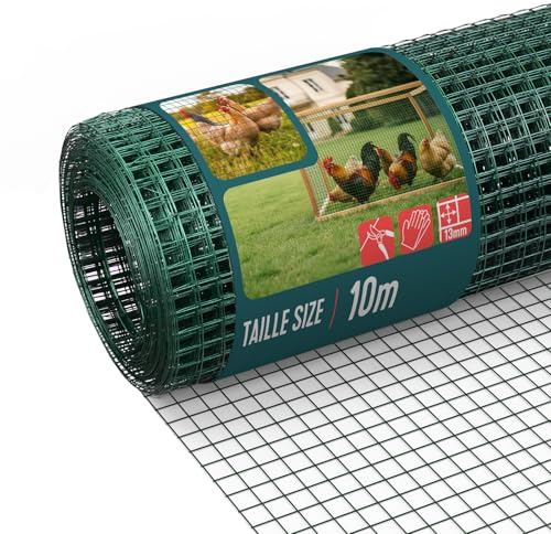 VOUNOT® Malla de Alambre Soldada Rollo de Malla Metálica Electrosoldada 1x10m Revestimiento PVC Agujero 13x13mm Ø Alambre 0,8mm Valla Gallineros para Jaulas de Conejos Jardín Roedores Pequeños Verde