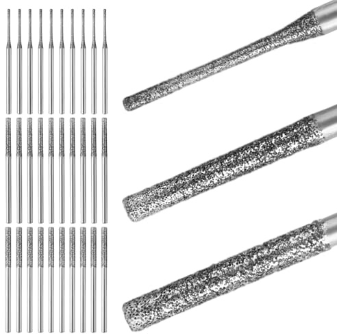 30 Pezzi Punte Diamantate Set, 1/2/2,5mm 150 Grana Diamante Punta Punte 2,2mm Gambo per Foratura Levigatura Vetro Ceramica Pietra Granito Gioielleria, Compatibile con Dremel Utensili Rotanti