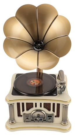 FAUOSWUK Altavoz Bluetooth De Gramófono Vintage, Diseño Retro De Tocadiscos, Altavoces Dobles De Alta Fidelidad, Radio FM, Bluetooth 5.0 Inalámbrico (Blanca)