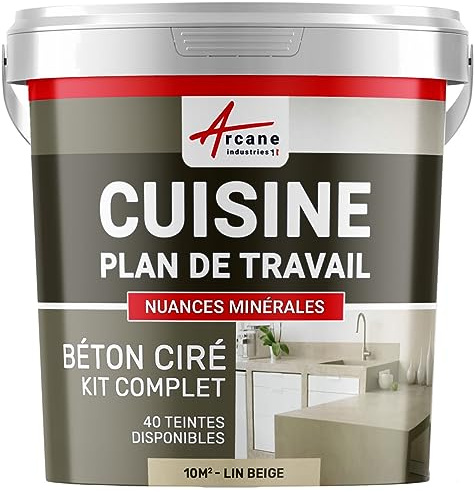 Béton ciré cuisine, plan de travail, crédence, évier, sol et mur, revêtement mural décoratif, kit complet - 10 m² (en 2 couches) Lin Beige - ARCANE INDUSTRIES
