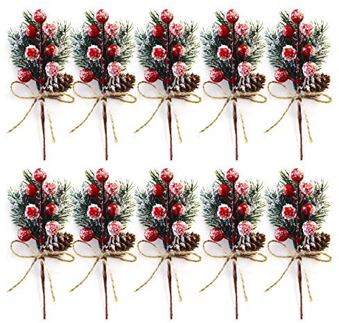 Wyi 10 rami di pino artificiali, foglie verdi, aghi di pino bacche e pigne per fai da te, rami di pino sempreverdi artificiali, steli di agrifoglio, decorazioni natalizie (rosso)