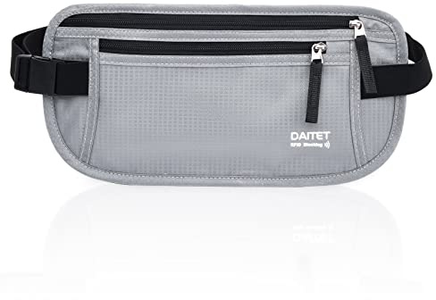DAITET Cintura porta soldi – Porta passaporto sicuro da viaggio nascosto con blocco RFID, marsupio sotto copertura, Grigio chiaro, Rfid Blocking & Belt Wide:1inch, Blocco RFID e larghezza cintura: 2,5