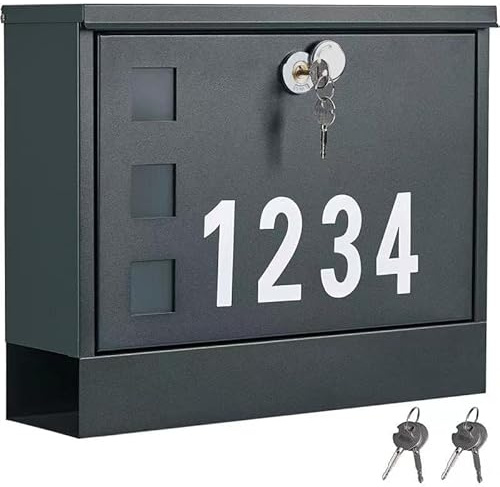 LAND·VOI Locking Mailbox Wall Mounted, Metal Postbox with Three Sets of Mail Box Number Stickers, 4 Keys, 14.4 x 4.5 x 11.2, Large Capacity, Anthracite Gray AMB11G